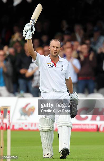 Jonathan Trott of England celebrates his century during day two of the 4th npower Test Match between England and Pakistan at Lord's on August 27,...