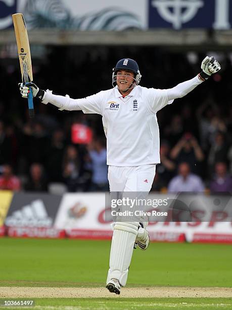 Stuart Broad of England celebrates his century during day two of the 4th npower Test Match between England and Pakistan at Lord's on August 27, 2010...