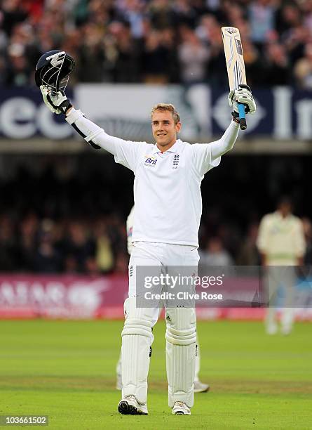 Stuart Broad of England celebrates his century during day two of the 4th npower Test Match between England and Pakistan at Lord's on August 27, 2010...