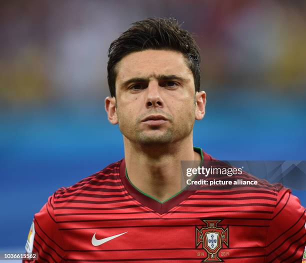 Helder Postiga of Portugal seen during the national anthem prior to the FIFA World Cup 2014 group G preliminary round match between the USA and...