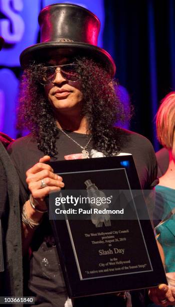 Musician Slash accepts award at the 2010 Sunset Strip Music Festival - Slash Tribute at House of Blues Sunset Strip on August 26, 2010 in West...