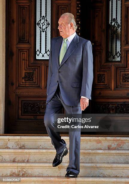 King Juan Carlos of Spain waits to receive Spanish President Jose Luis Rodriguez Zapatero at Marivent Palace on August 27, 2010 in Palma de Mallorca,...
