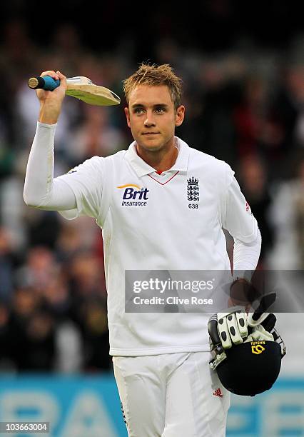 Century-maker Stuart Broad of England walks off at the end of play during day two of the 4th npower Test Match between England and Pakistan at Lord's...