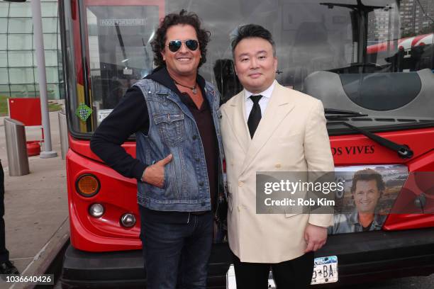 David W. Chien of Ride of Fame and Carlos Vives, international Singer and Actor, unveil Carlos's Ride Of Fame "IT" bus on September 20, 2018 in New...