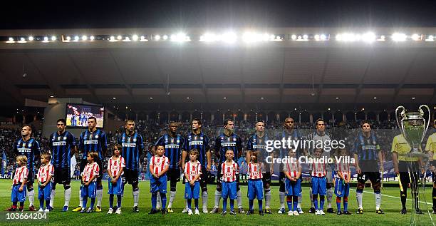 Team of Inter Milan line up for a team photo during the UEFA Super Cup between Inter and Atletico Madrid at Louis II Stadium on August 27, 2010 in...