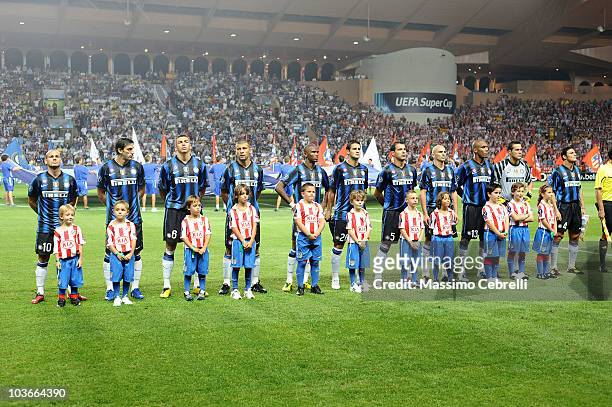 Team of FC Inter Milan line during the UEFA Super Cup between FC Inter Milan and Atletico de Madrid at Louis II Stadium on August 27, 2010 in Monaco,...