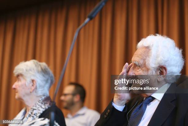 Auschwitz survivors Hedy Bohm and William Glied participating in a press conference after the verdict at the regional court in Detmold, Germany, 17...
