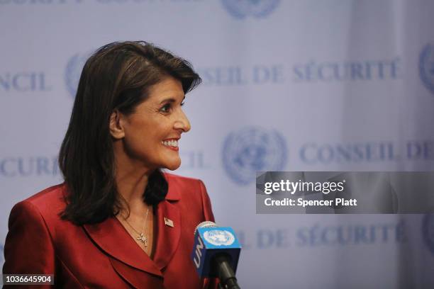 United Nations Ambassador Nikki Haley speaks to the media ahead of the start of next weeks General Assembly meeting at the United Nations on...