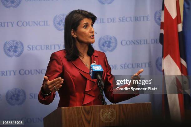 United Nations Ambassador Nikki Haley speaks to the media ahead of the start of next weeks General Assembly meeting at the United Nations on...