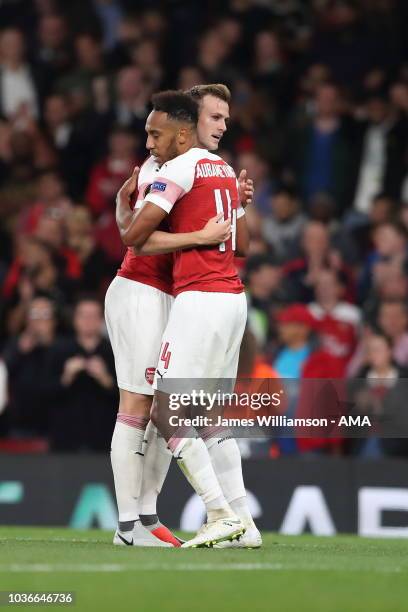 Pierre-Emerick Aubameyang of Arsenal celebrates after scoring a goal to make it 1-0 during the UEFA Europa League Group E match between Arsenal and...