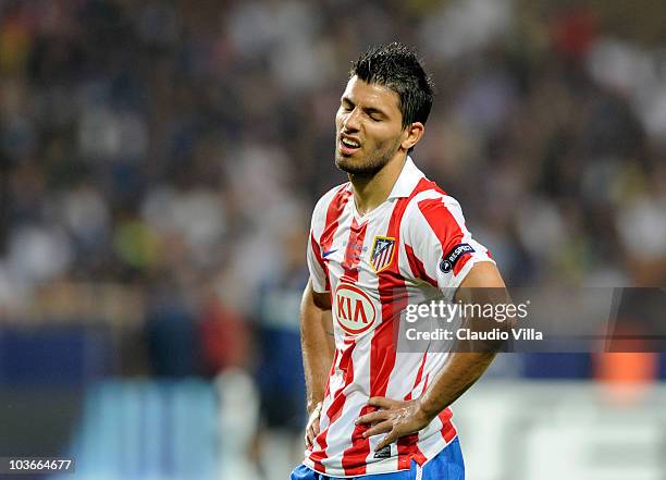 Sergio Aguero of Atletico Madrid dejected during the UEFA Super Cup between Inter and Atletico Madrid at Louis II Stadium on August 27, 2010 in...