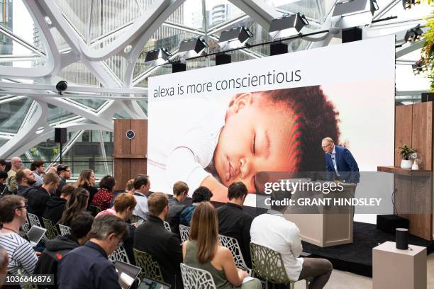 Dave Limp, senior vice president of Amazon devices, demonstrates a variety of Alexa's new skills at The Spheres in Seattle on September 20, 2018. -...