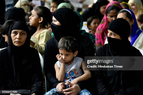 Muslim women celebrate as Cabinet approves an ordinance to criminalise instant triple talaq, at Vijay Goel residence, Ashoka Road, on September 20,...