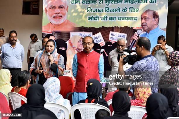 Union minister Vijay Goel speaks during a gathering to celebrate the triple talaq ordinance approved by Cabinet, at Vijay Goel residence, Ashoka...