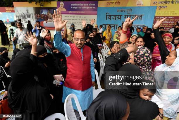 Union minister Vijay Goel during a gathering to celebrate the triple talaq ordinance approved by Cabinet, at Vijay Goel residence, Ashoka Road, on...