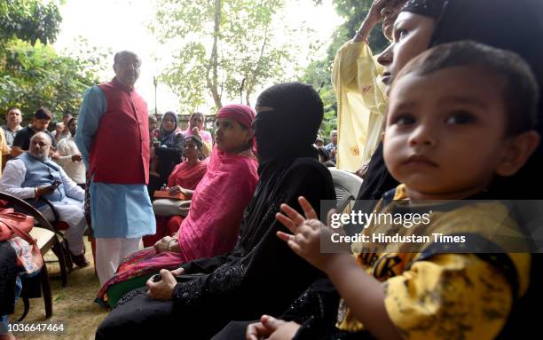 Union minister Vijay Goel speaks during a gathering to celebrate the triple talaq ordinance approved by Cabinet, at Vijay Goel residence, Ashoka...