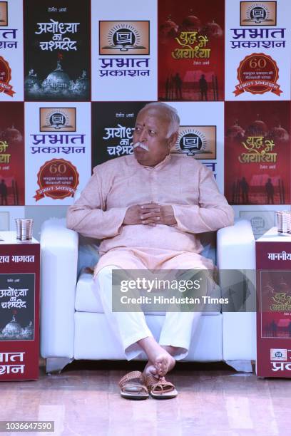 Chief Mohan Bhagwat during release two Hindi books Ayodhya ka chashmadeed and Yuddh me Ayodhya written Journalist Hemant Sharma , at Ambedkar...