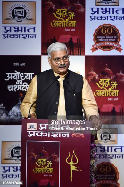 Journalist and author Hemant Sharma speaks during launch of his two Hindi books Ayodhya ka chashmadeed and Yuddh me Ayodhya at Ambedkar International...