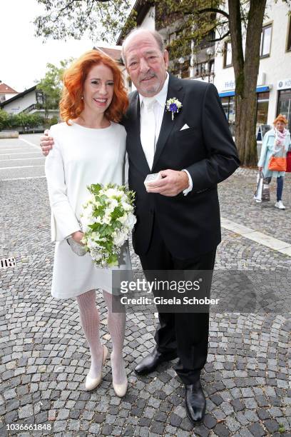 Ralph Siegel and Laura Kaefer pose during their civil wedding at the registry office Gruenwald on September 14, 2018 in Munich, Germany.