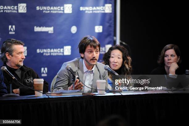 Director of Sundance Film Festival Geoffrey Gilmore, actor Diego Luna, actress Sandra Oh, and actress Marcia Gay Harden attend the Jurors Press...