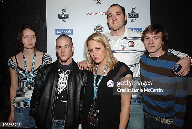 Hannah Bailey, Jake Tusing, Megan Krizmanich, Colin Clemens, and Geoff Haase attend the After Party for "American Teen" at the Boost Mobile Lounge at...