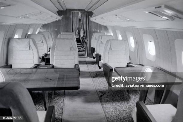 First class cabin section of the Tupolev Tu-144 supersonic passenger jet aircraft.