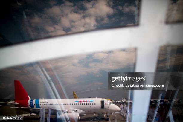 The Sukhoi Superjet-100 regional civil jet airplane of Yamal airline registered RA-89034 at MAKS-2015 airshow near Zhukovsky, Moscow Region, Russia.