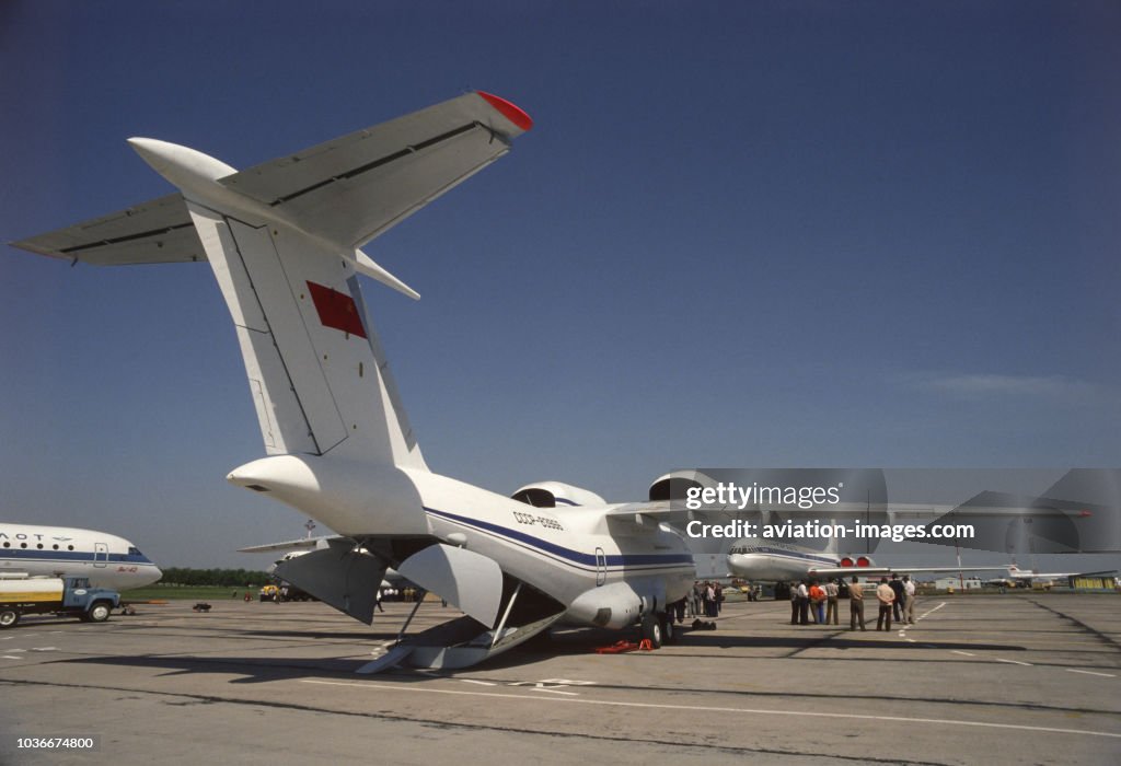 First flying prototype of Antonov An-72 transport jet airplane registered CCCP-83966 pictured during the official demonstration at Borispol Airport