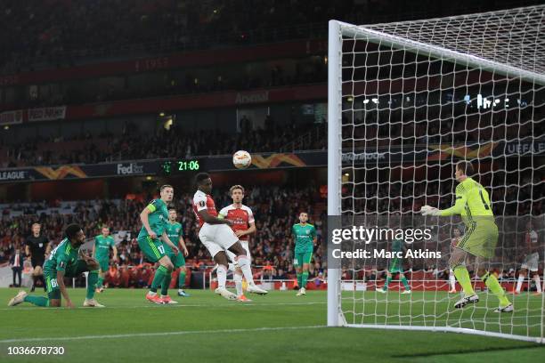 Danny Welbeck of Arsenal scores their 2nd goal during the UEFA Europa League Group E match between Arsenal and Vorskla Poltava at Emirates Stadium on...