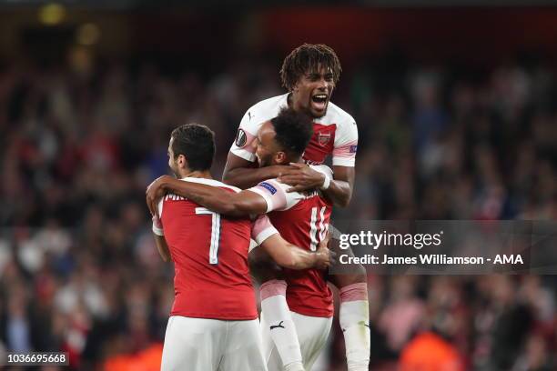 Pierre-Emerick Aubameyang of Arsenal celebrates after scoring a goal to make it 3-0 during the UEFA Europa League Group E match between Arsenal and...