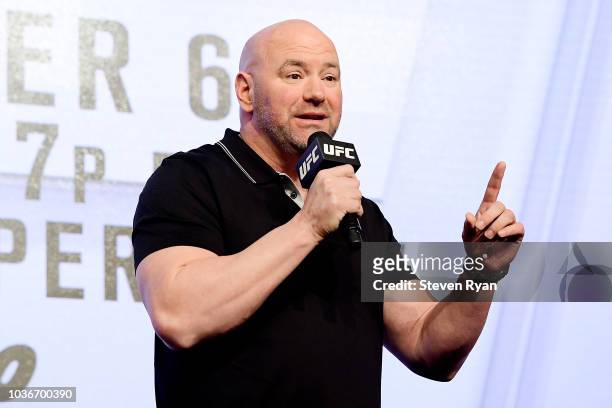 President Dana White speaks to the media during the UFC 229 Press Conference at Radio City Music Hall on September 20, 2018 in New York City.