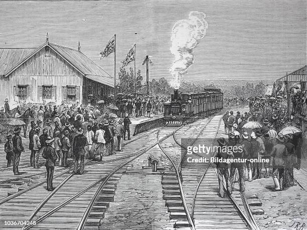 Opening of the Durban and Pitersmaritzburg Railway, arrival of the first train at Pietersmaritzburg, South Africa digital improved reproduction from...