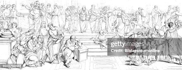 The school of Athens, Greece, The School of Athens is one of the most famous frescoes by the Italian Renaissance artist Raphael, digital improved...