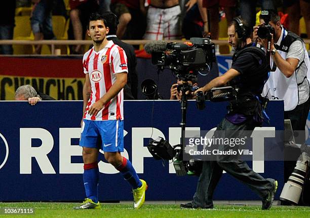 Sergio Aguero of Atletico celebates after scoring his team's second goal during the UEFA Super Cup match between Inter Milan and Atletico Madrid at...