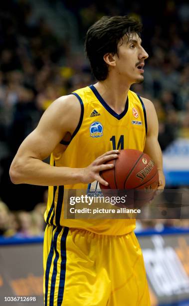 Berlin's Nihad Djedovic plays the ball during the Basketball Euroleague match between Alba Berlin and Brose Baskets Bamberg at O2 Wolrd in Berlin,...