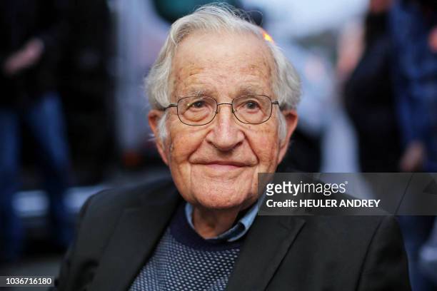 Linguist and political activist Noam Chomsky , is pictured during a press conference after visiting former President Luiz Inacio Lula da Silva,...