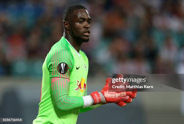 Goalkeeper Yvon Mvogo of Leipzig looks on during the UEFA Europa League Group B match between RB Leipzig and FC Salzburg at Red Bull Arena on...