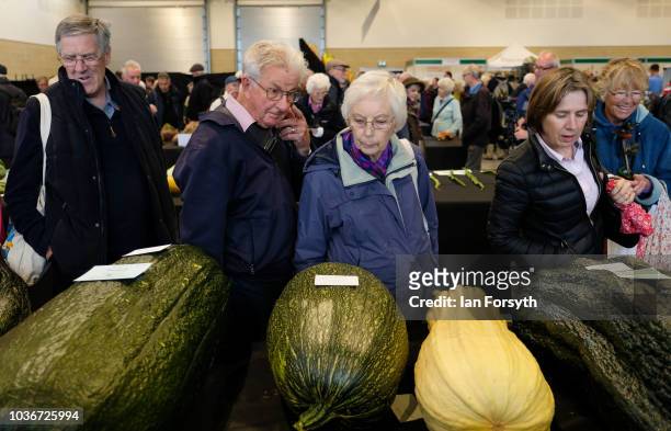 Members of the public view the marrow in the giant vegetable competition as they are displayed on the first day of the Harrogate Autumn Flower Show...