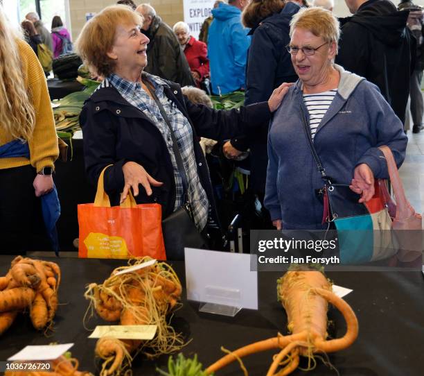 Two women react as they view the carrots and parsnips in the giant vegetable competition as they are displayed on the first day of the Harrogate...