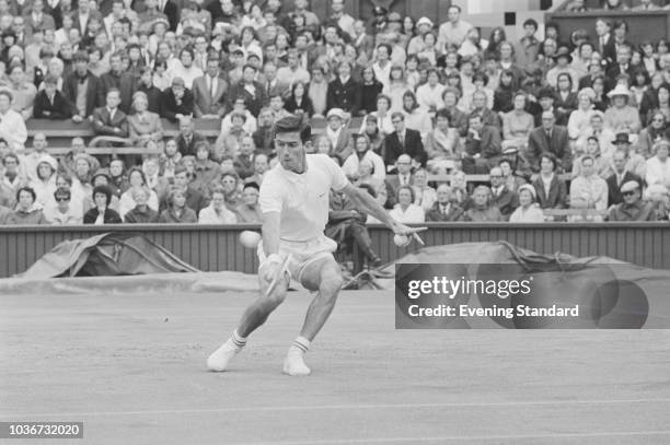 Australian tennis player Ken Rosewall in action at Wimbledon championships at the All England Lawn Tennis and Croquet Club, London, UK, July 1968.