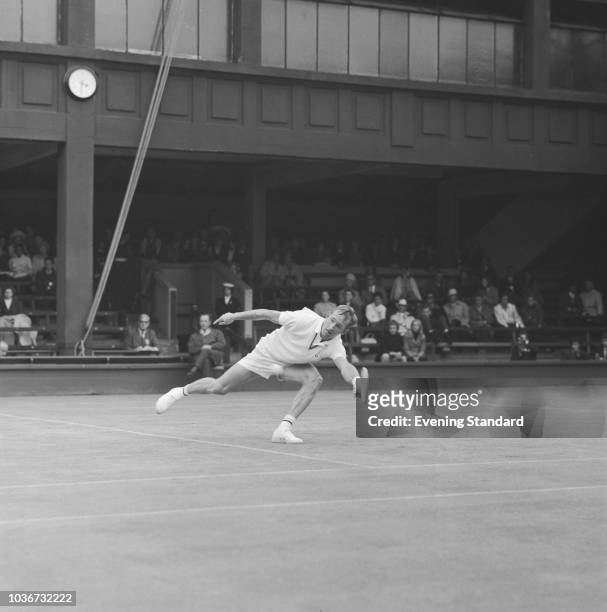 Australian tennis player Rod Laver in action during Wimbledon at the All England Lawn Tennis and Croquet Club, London, UK, 5th July 1968.