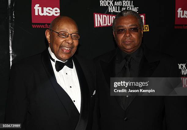 Former Congressman Louis Stokes and Leroy Johnson attend the 24th Annual Rock and Roll Hall of Fame Induction Ceremony at Public Hall on April 4,...