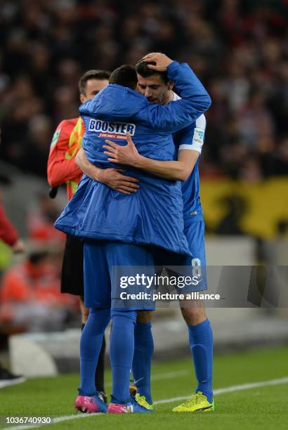 Bochum's goal scorer Anthony Losilla celebrates the 0:1 score with Görkem Saglam at the German Bundesliga seconds match between VfB Stuttgart and VfL...