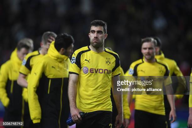 Borussia Dortmund's team with Sokratis Papastathopoulos leaves the stadium after the UEFA Champions League quarter final 2nd-leg soccer match between...