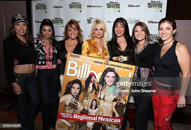 Musicians Yolanda Perez, Graciela Beltran, Jenni Rivera, Marisol Terrazas, Virginia Terrazas, Diana Reyes and moderator Leila Cobo attend the...