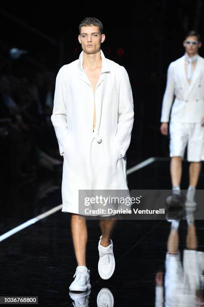 Model walks the runway at the Emporio Armani show during Milan Fashion Week Spring/Summer 2019 on September 20, 2018 in Milan, Italy.