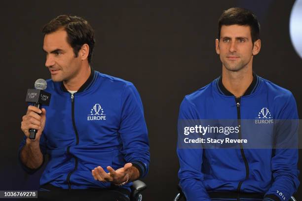 Team Europe Roger Federer of Switzerland and Team Europe Novak Djokovic of Serbia speak during a press conference prior to the Laver Cup at the...