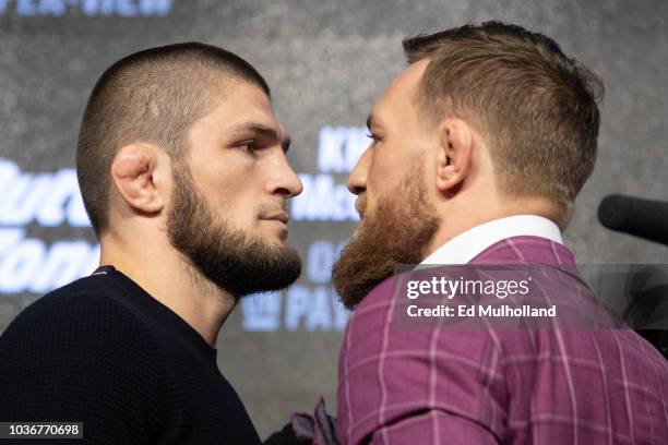 Lightweight champion Khabib Nurmagomedov and Conor McGregor face off after the UFC 229 press conference at Radio City Music Hall on September 20,...