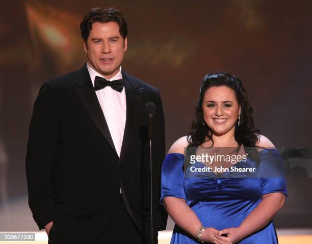Actors John Travolta and Nikki Blonsky on stage at the TNT/TBS broadcast of the 14th Annual Screen Actors Guild Awards at the Shrine Auditorium on...