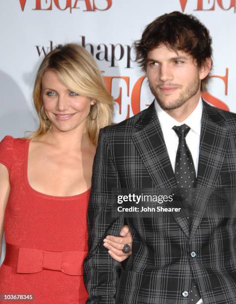 Actress Cameron Diaz and Actor Ashton Kutcher attend the Premiere Of Fox's "What Happens In Vegas"on May 1, 2008 at the Mann Village Theatre in Los...